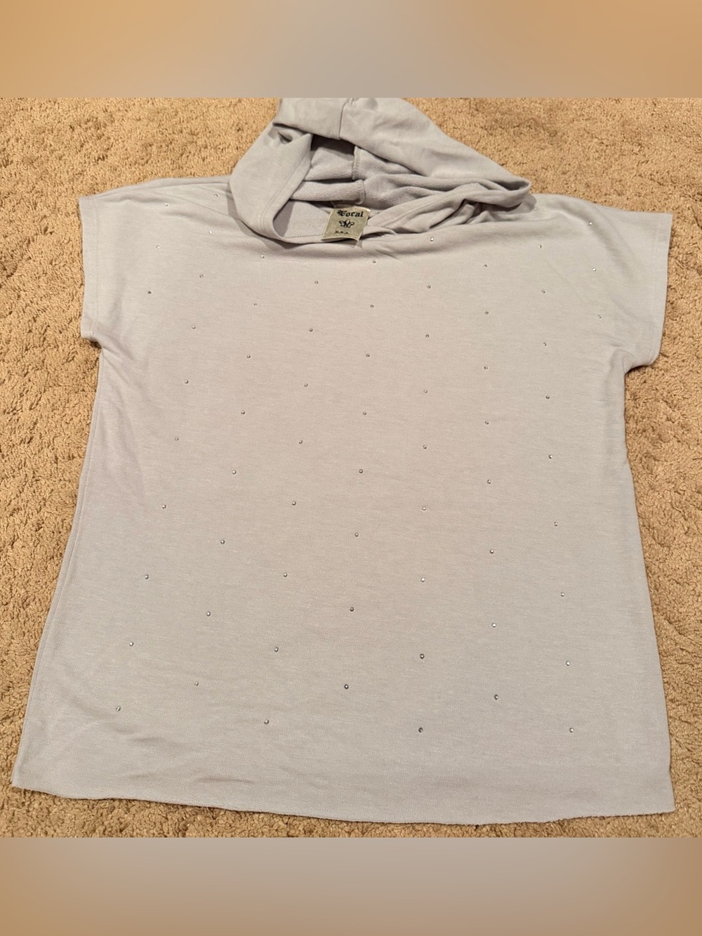 Vocal Light Gray Hooded Short-Sleeve Top with Rhinestones